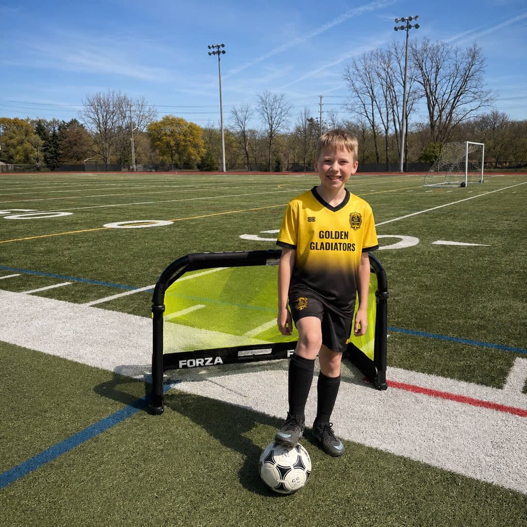 Young player in Golden Gladiators kit standing by a portable training goal